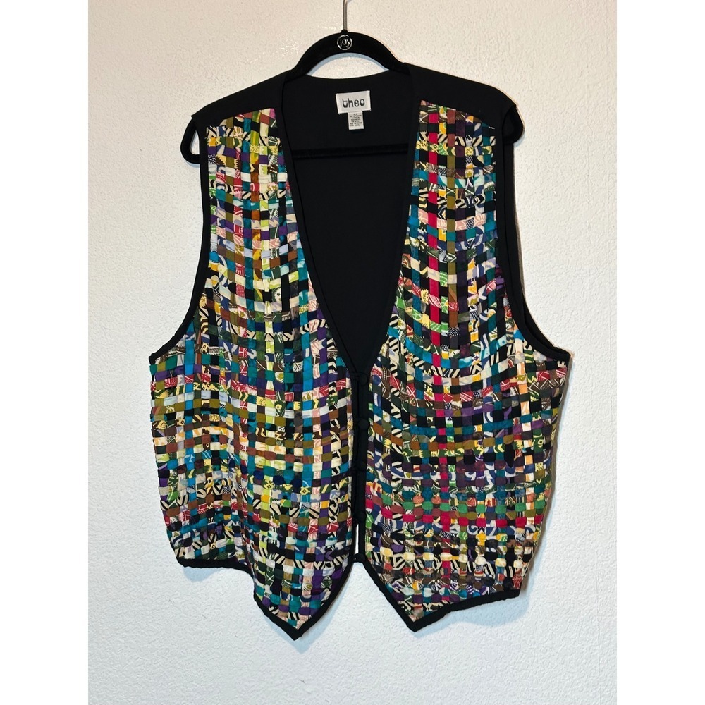 Theo Womens 3X Black Multi Color Woven Basketweave Rayon Art to Wear Vest